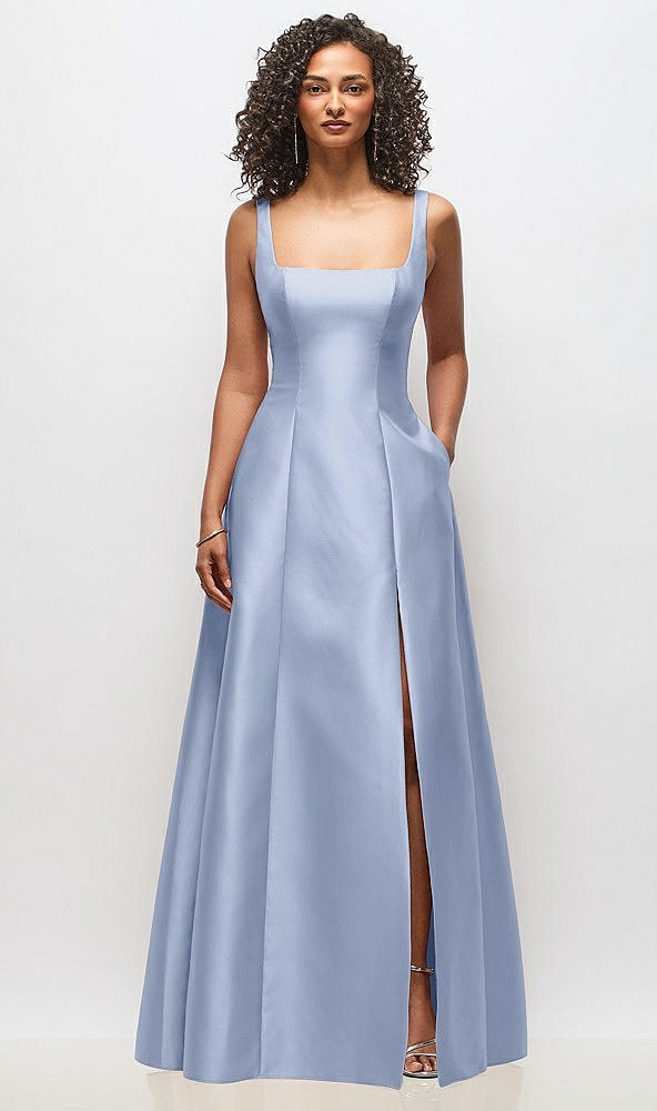 Front View - Sky Blue Sleeveless Square-Neck Princess Line Gown with Pockets