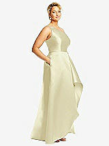 Side View Thumbnail - Butter Yellow One-Shoulder Satin Gown with Draped Front Slit and Pockets