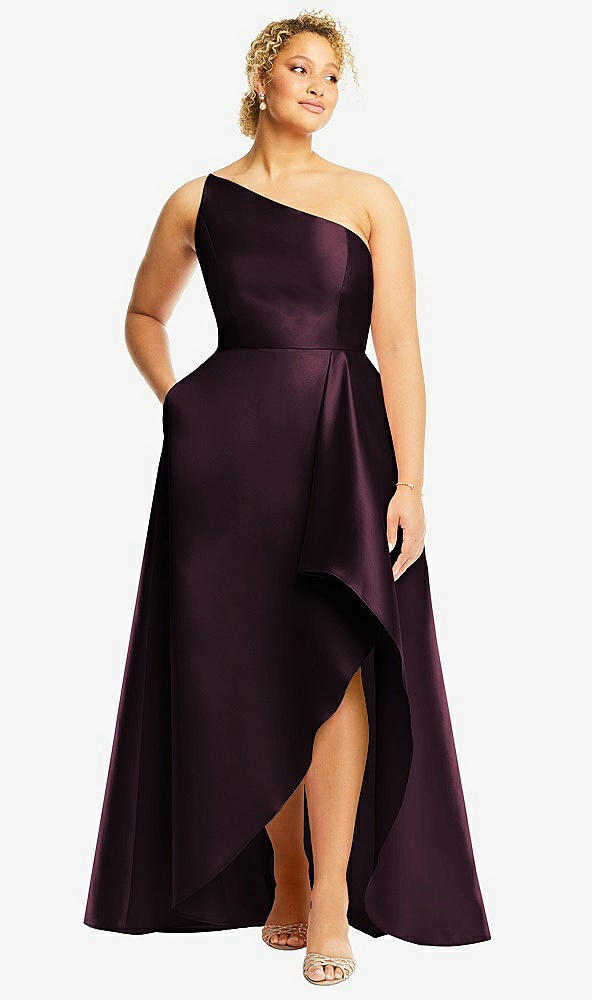 Front View - Deep Plum One-Shoulder Satin Gown with Draped Front Slit and Pockets