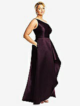 Side View Thumbnail - Deep Plum One-Shoulder Satin Gown with Draped Front Slit and Pockets