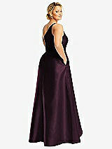 Rear View Thumbnail - Deep Plum One-Shoulder Satin Gown with Draped Front Slit and Pockets