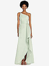 Alt View 1 Thumbnail - Mint Green One-Shoulder Satin Gown with Draped Front Slit and Pockets