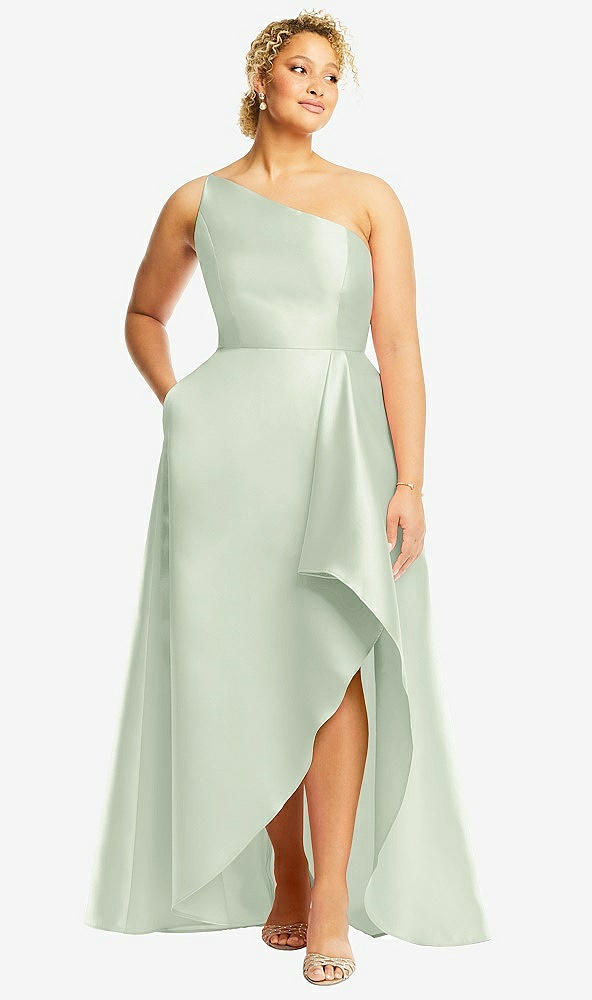 Front View - Mint Green One-Shoulder Satin Gown with Draped Front Slit and Pockets