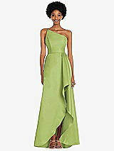 Alt View 1 Thumbnail - Mojito One-Shoulder Satin Gown with Draped Front Slit and Pockets