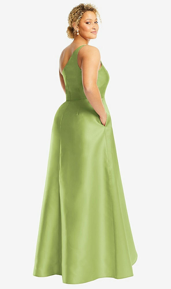 Back View - Mojito One-Shoulder Satin Gown with Draped Front Slit and Pockets