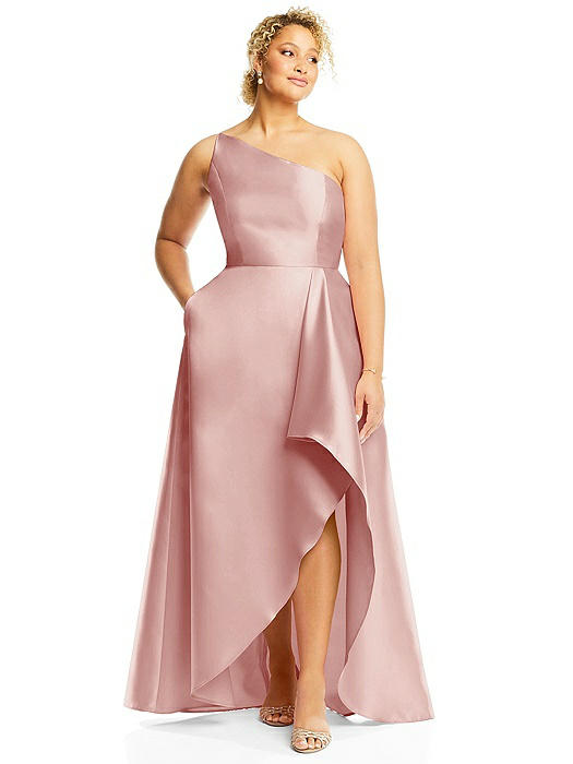 One-Shoulder Satin Gown with Draped Front Slit and Pockets