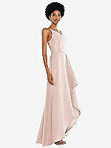 Alt View 2 Thumbnail - Blush One-Shoulder Satin Gown with Draped Front Slit and Pockets