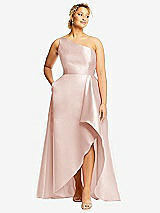 Front View Thumbnail - Blush One-Shoulder Satin Gown with Draped Front Slit and Pockets
