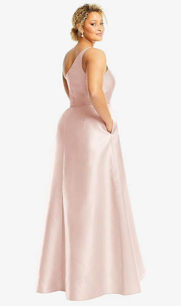 Back View - Blush One-Shoulder Satin Gown with Draped Front Slit and Pockets
