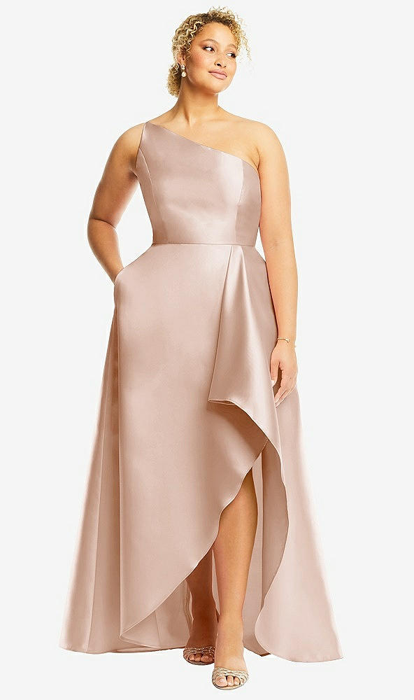 Front View - Cameo One-Shoulder Satin Gown with Draped Front Slit and Pockets