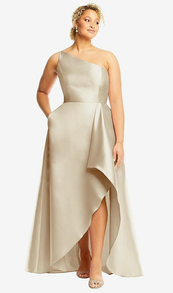 Front View - Champagne One-Shoulder Satin Gown with Draped Front Slit and Pockets