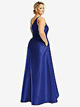 Rear View Thumbnail - Cobalt Blue One-Shoulder Satin Gown with Draped Front Slit and Pockets