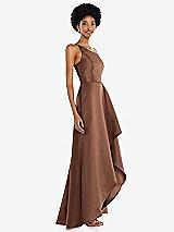 Alt View 2 Thumbnail - Cognac One-Shoulder Satin Gown with Draped Front Slit and Pockets