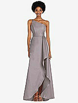 Alt View 1 Thumbnail - Cashmere Gray One-Shoulder Satin Gown with Draped Front Slit and Pockets