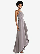 Alt View 2 Thumbnail - Cashmere Gray One-Shoulder Satin Gown with Draped Front Slit and Pockets