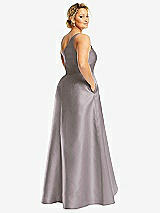 Rear View Thumbnail - Cashmere Gray One-Shoulder Satin Gown with Draped Front Slit and Pockets