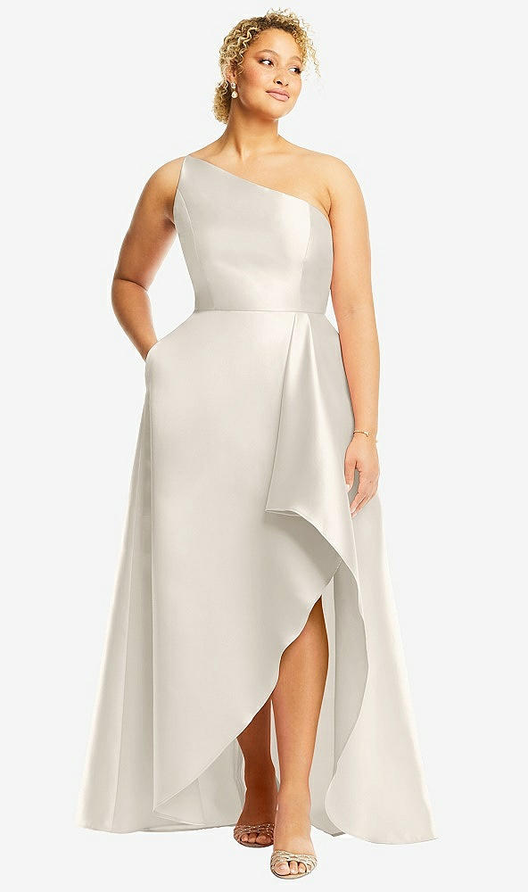 Front View - Ivory One-Shoulder Satin Gown with Draped Front Slit and Pockets