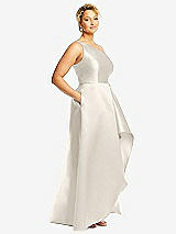 Side View Thumbnail - Ivory One-Shoulder Satin Gown with Draped Front Slit and Pockets