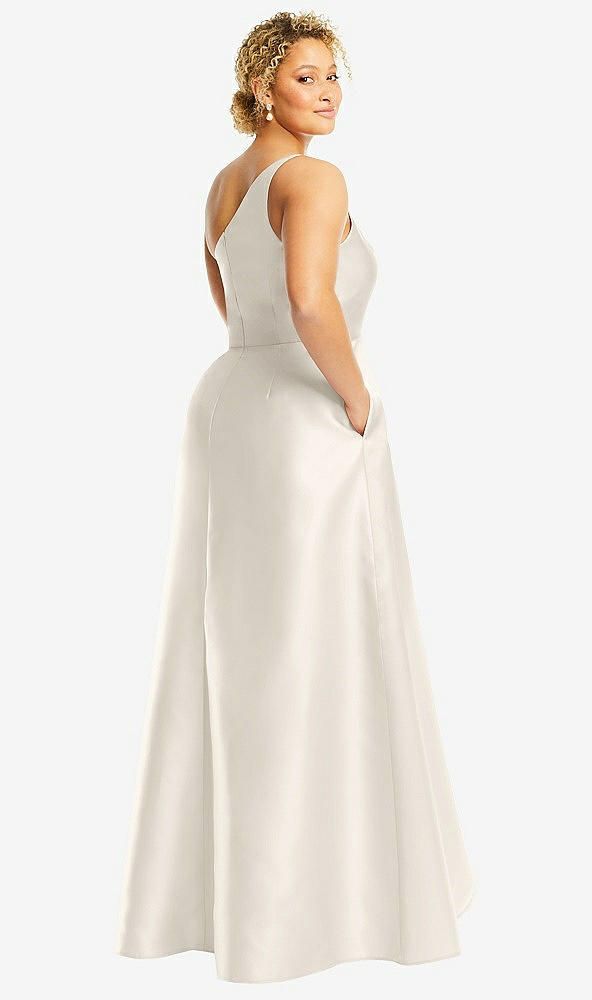Back View - Ivory One-Shoulder Satin Gown with Draped Front Slit and Pockets