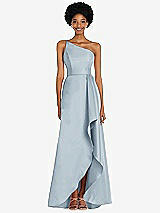 Alt View 1 Thumbnail - Mist One-Shoulder Satin Gown with Draped Front Slit and Pockets
