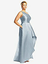 Side View Thumbnail - Mist One-Shoulder Satin Gown with Draped Front Slit and Pockets