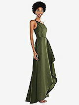 Alt View 2 Thumbnail - Olive Green One-Shoulder Satin Gown with Draped Front Slit and Pockets