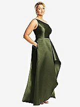 Side View Thumbnail - Olive Green One-Shoulder Satin Gown with Draped Front Slit and Pockets