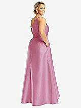 Rear View Thumbnail - Powder Pink One-Shoulder Satin Gown with Draped Front Slit and Pockets
