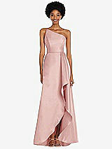 Alt View 1 Thumbnail - Rose One-Shoulder Satin Gown with Draped Front Slit and Pockets