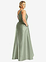 Rear View Thumbnail - Sage One-Shoulder Satin Gown with Draped Front Slit and Pockets