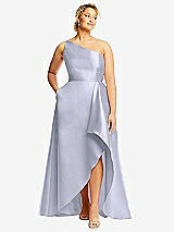 Front View Thumbnail - Silver Dove One-Shoulder Satin Gown with Draped Front Slit and Pockets
