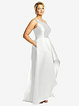 Side View Thumbnail - White One-Shoulder Satin Gown with Draped Front Slit and Pockets