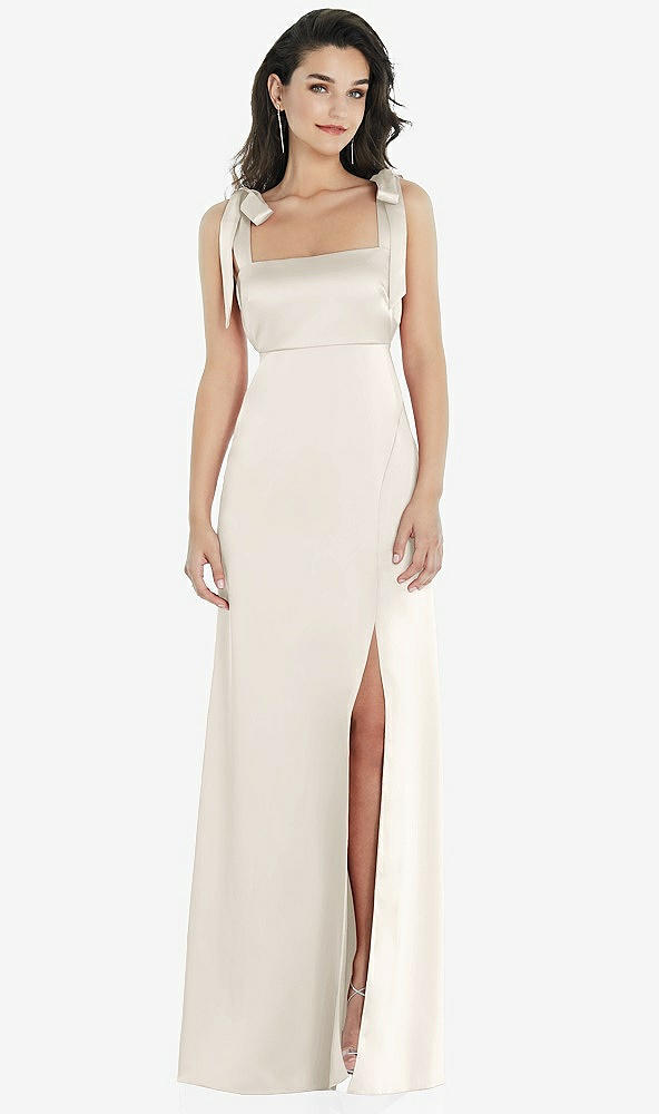 Front View - Ivory Flat Tie-Shoulder Empire Waist Maxi Dress with Front Slit
