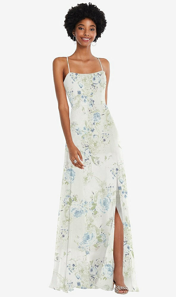 Front View - Bleu Garden Scoop Neck Convertible Tie-Strap Maxi Dress with Front Slit