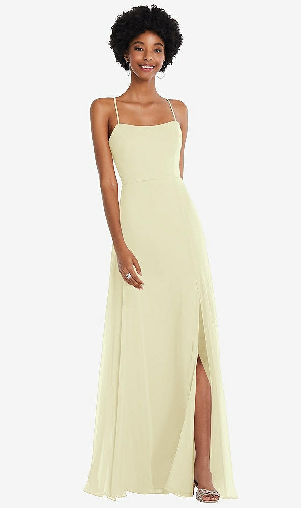 Front View - Butter Yellow Scoop Neck Convertible Tie-Strap Maxi Dress with Front Slit