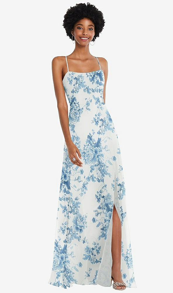 Front View - Cottage Rose Dusk Blue Scoop Neck Convertible Tie-Strap Maxi Dress with Front Slit