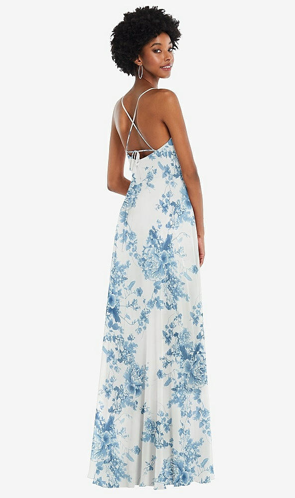 Back View - Cottage Rose Dusk Blue Scoop Neck Convertible Tie-Strap Maxi Dress with Front Slit