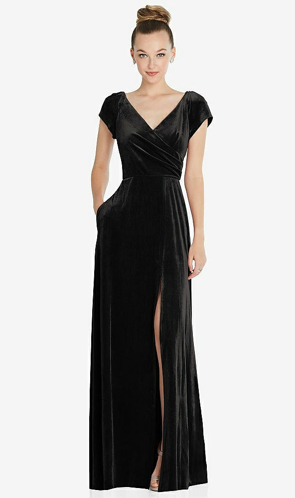 Front View - Black Cap Sleeve Faux Wrap Velvet Maxi Dress with Pockets