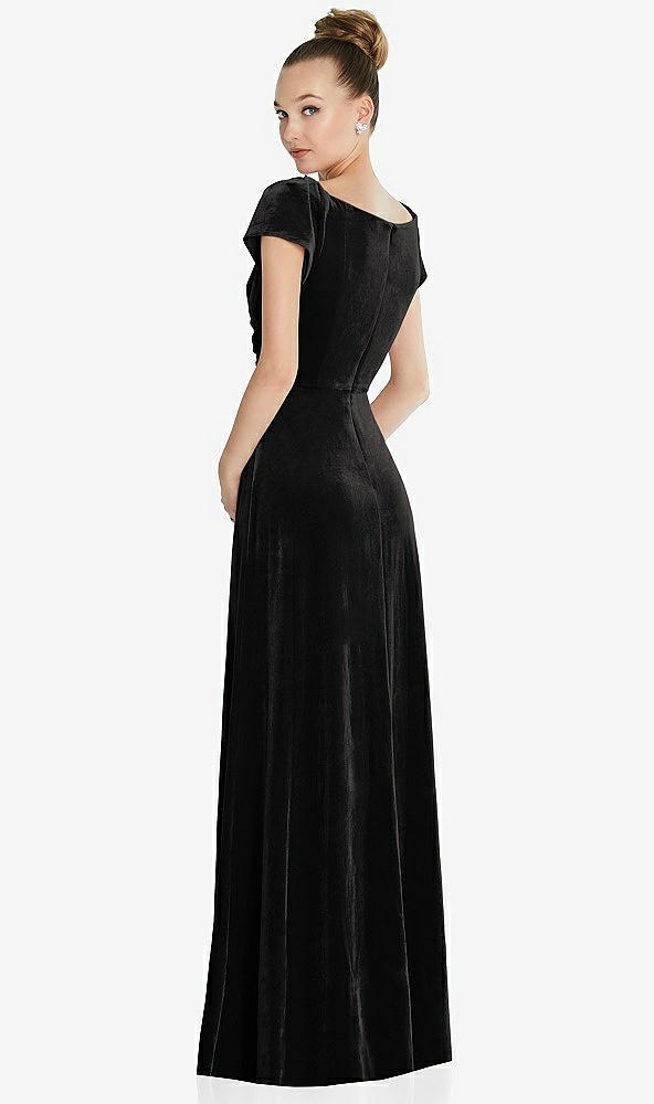 Back View - Black Cap Sleeve Faux Wrap Velvet Maxi Dress with Pockets
