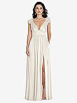 Front View Thumbnail - Ivory Deep V-Neck Ruffle Cap Sleeve Maxi Dress with Convertible Straps