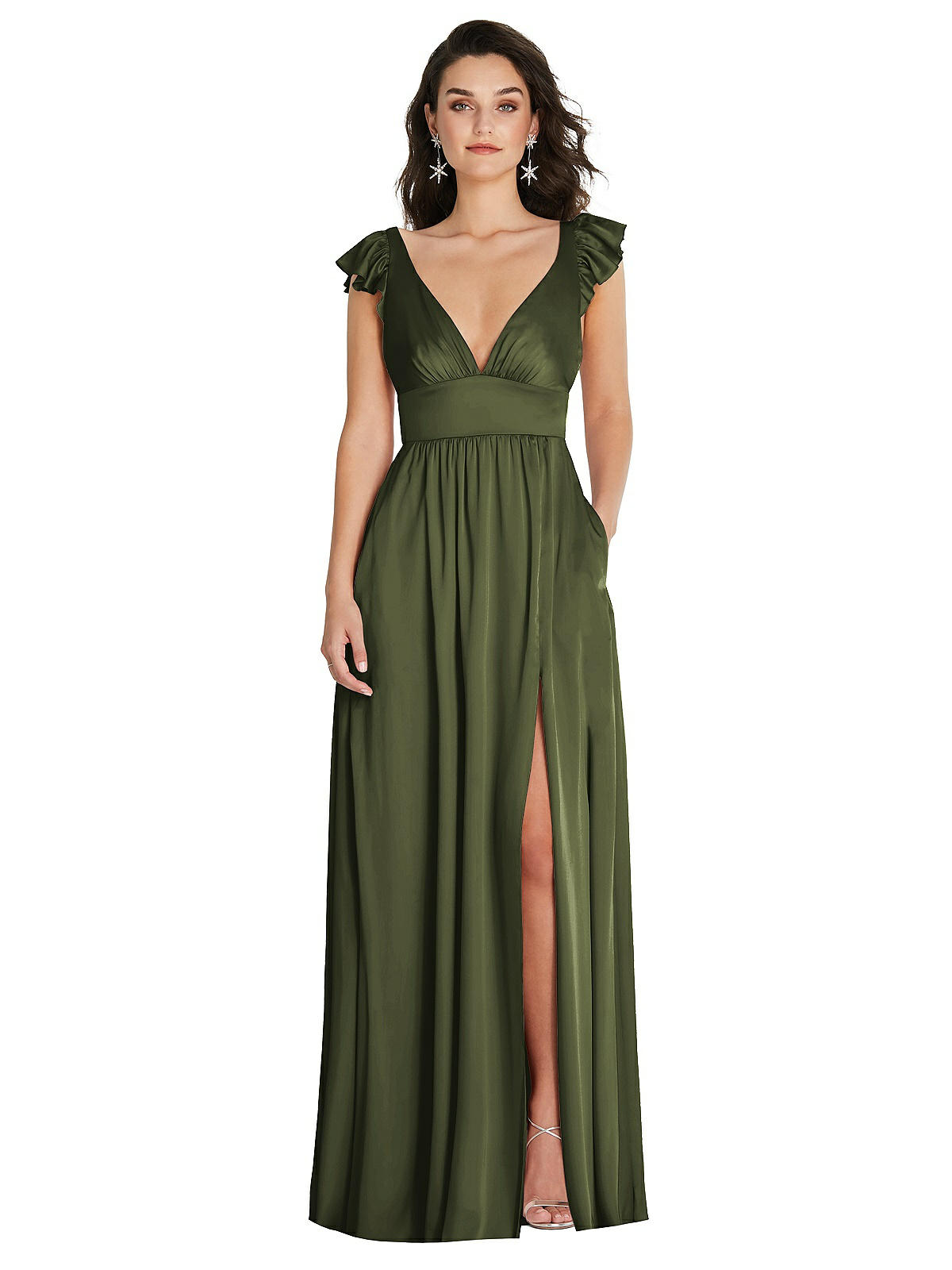 Deep V-neck Ruffle Cap Sleeve Maxi Bridesmaid Dress With