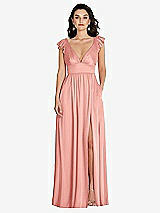 Front View Thumbnail - Rose Deep V-Neck Ruffle Cap Sleeve Maxi Dress with Convertible Straps
