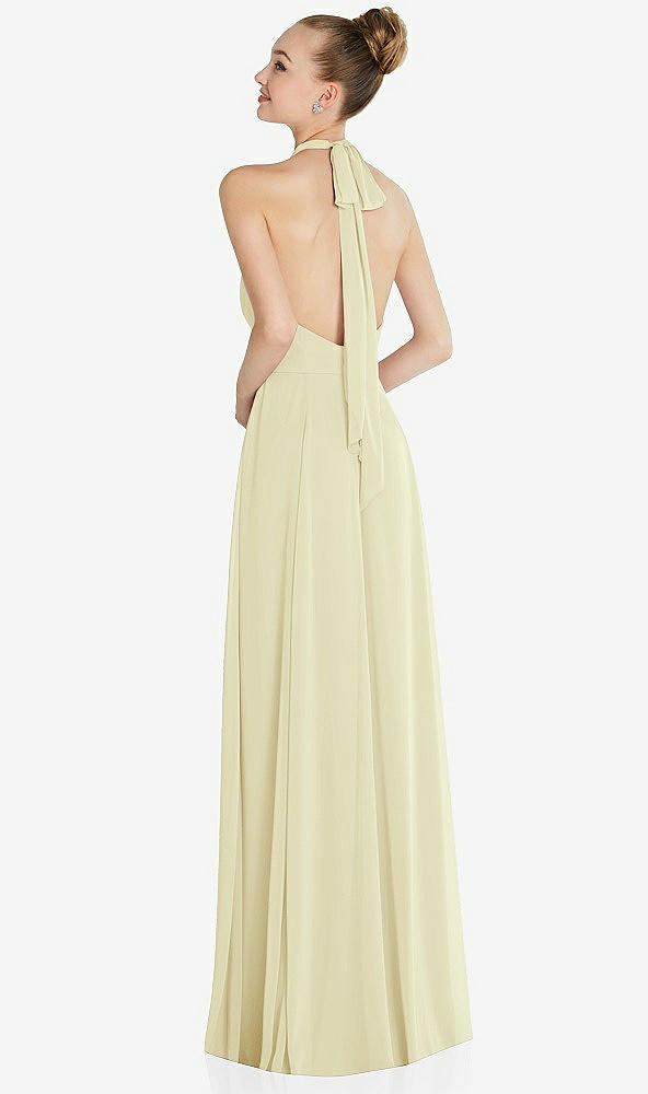 Back View - Butter Yellow Halter Backless Maxi Dress with Crystal Button Ruffle Placket