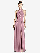Front View Thumbnail - Dusty Pink Halter Backless Maxi Dress with Crystal Button Ruffle Placket