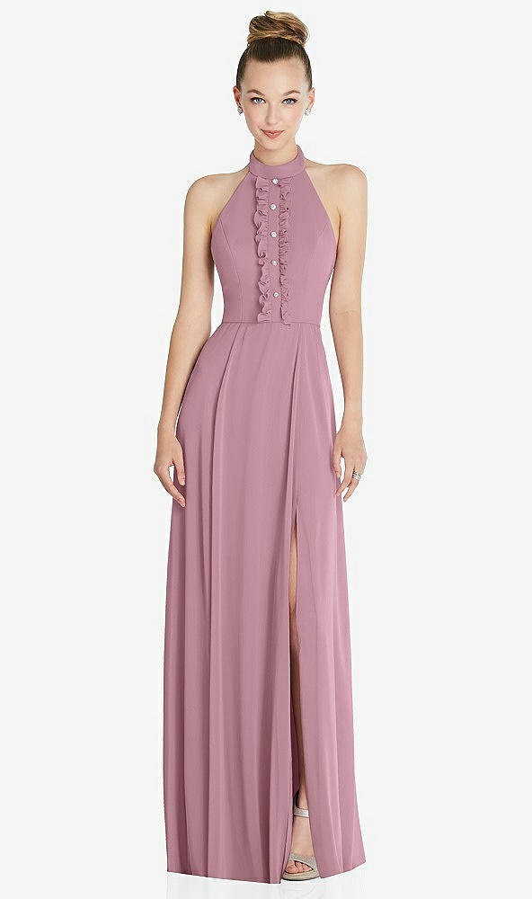 Front View - Dusty Pink Halter Backless Maxi Dress with Crystal Button Ruffle Placket
