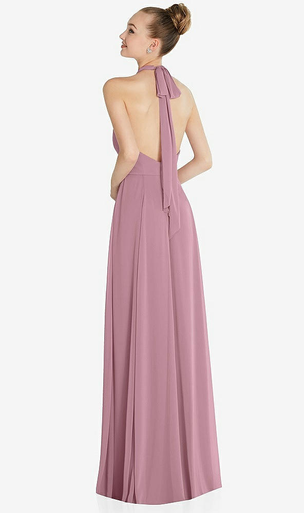 Back View - Dusty Pink Halter Backless Maxi Dress with Crystal Button Ruffle Placket