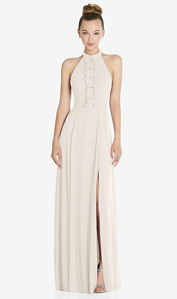 Front View - Ivory Halter Backless Maxi Dress with Crystal Button Ruffle Placket