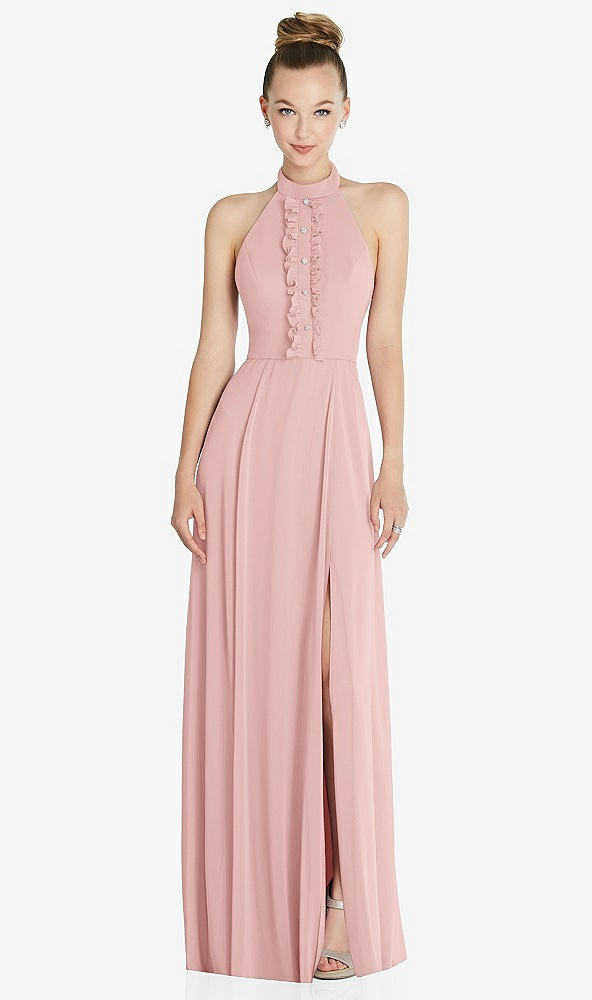 Front View - Rose Halter Backless Maxi Dress with Crystal Button Ruffle Placket