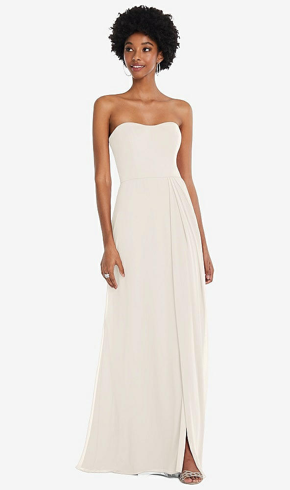 Front View - Ivory Strapless Sweetheart Maxi Dress with Pleated Front Slit 