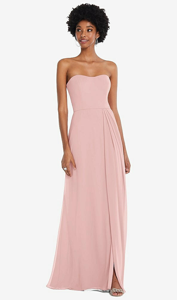 Front View - Rose Strapless Sweetheart Maxi Dress with Pleated Front Slit 